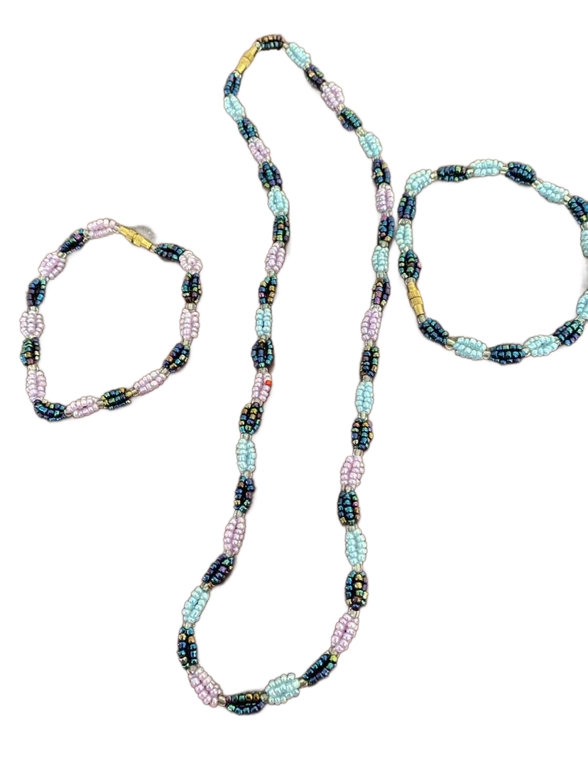 Hand Beaded African Blue & Purple Necklace & Bracelet Jewelry Set - image 2